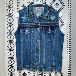 Y2K Bill Blass Blue Denim‎ Vest Embellished Embroidered Woman PS (Petite Small)